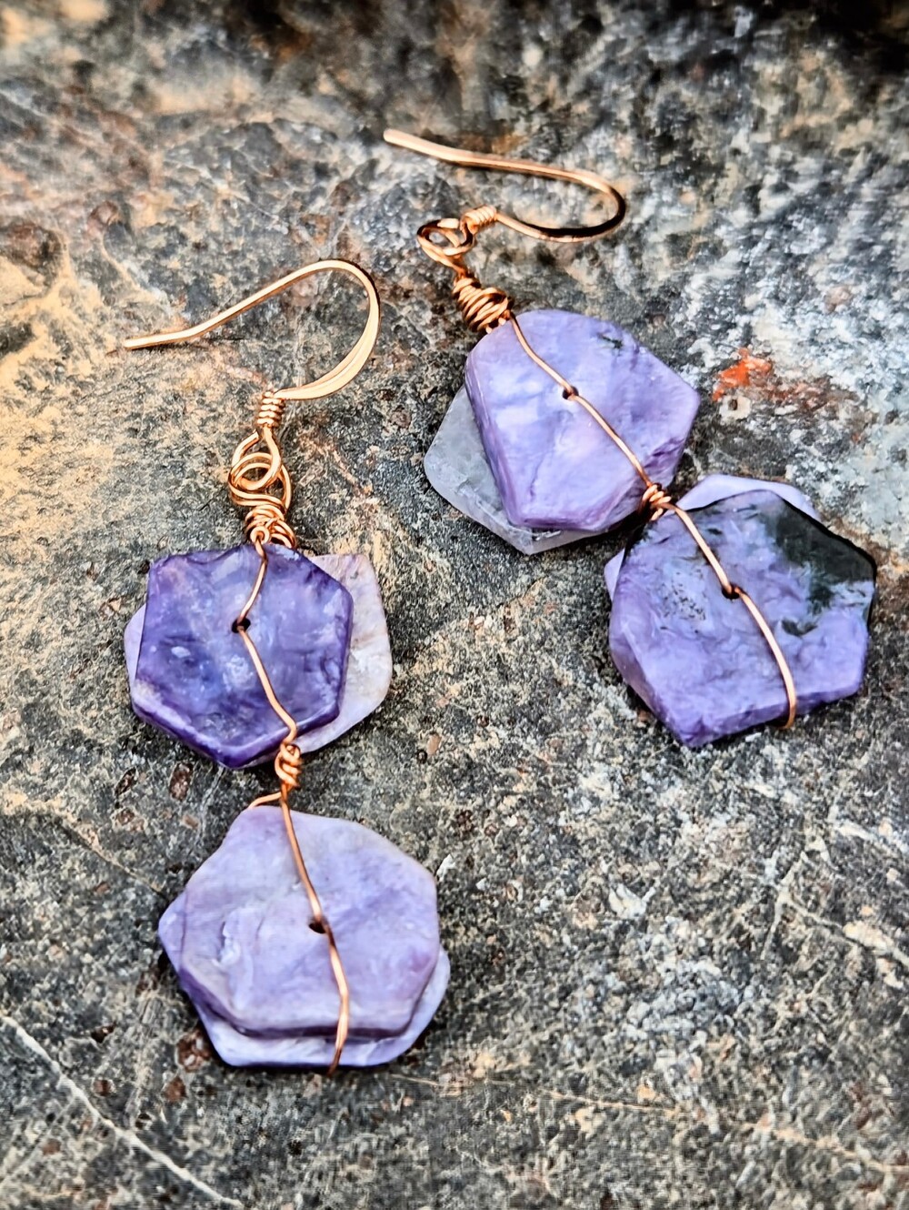 Natural Russian Charoite Discs in Artisan Handmade Rustic Earrings in Copper